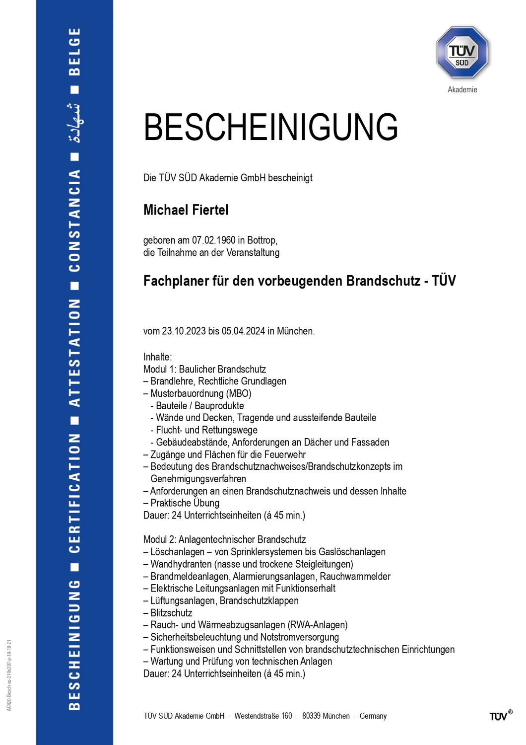 PBF – Sicherheitstechnologie – Zertifikat - Betrieblicher Brandschutz Neufarn