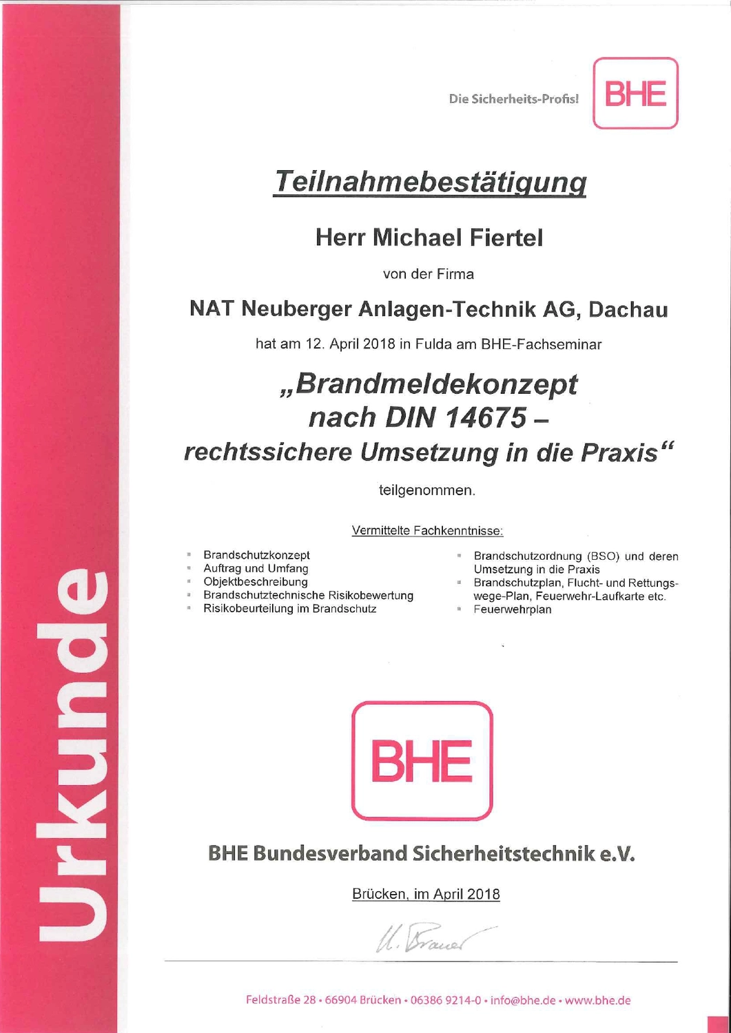PBF – Sicherheitstechnologie – Zertifikat - Brandschutznachweis Neufarn